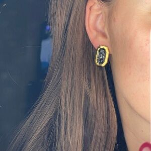 Gold plated stud earrings with rectangle Smoky Quartz crystal, Dark Grey